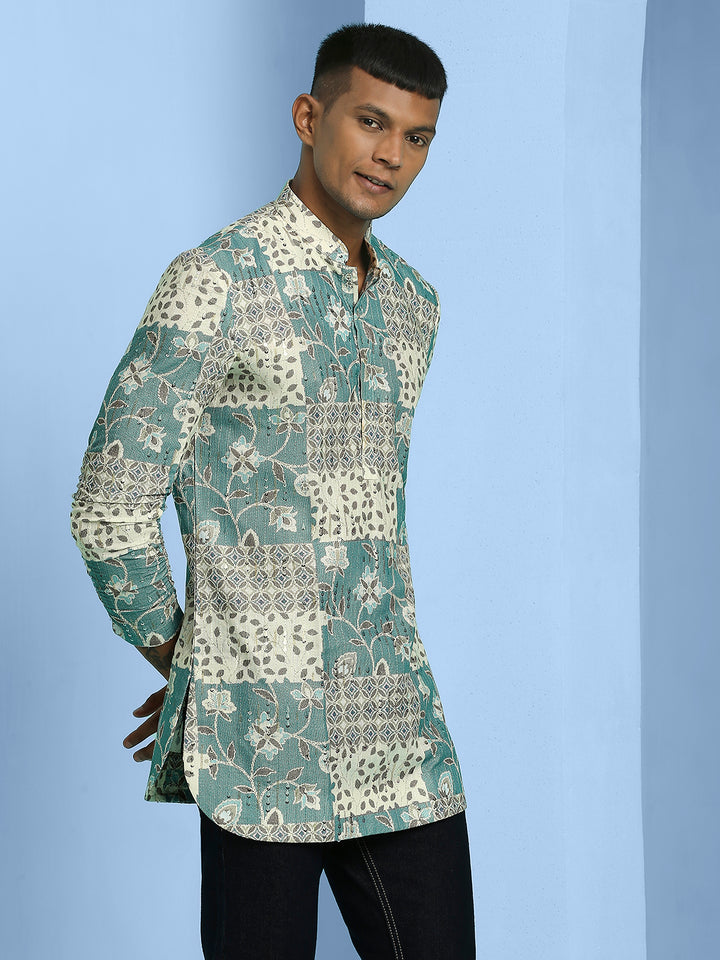 Short Kurta with Abstract Motif Print, Elasticated Roll Up Sleeves and Sequins Work