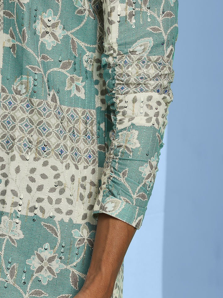 Short Kurta with Abstract Motif Print, Elasticated Roll Up Sleeves and Sequins Work