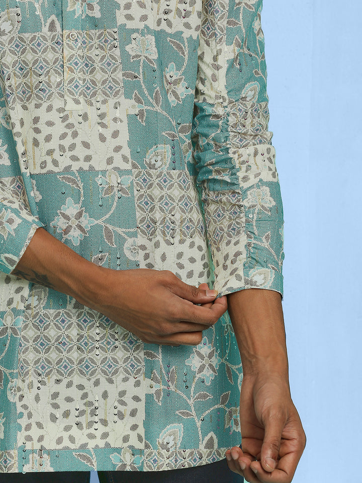 Short Kurta with Abstract Motif Print, Elasticated Roll Up Sleeves and Sequins Work