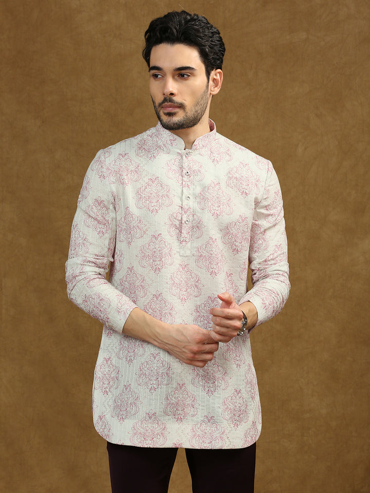 Short Kurta with Pink Motif Print, Elasticated roll up sleeves and sequins work