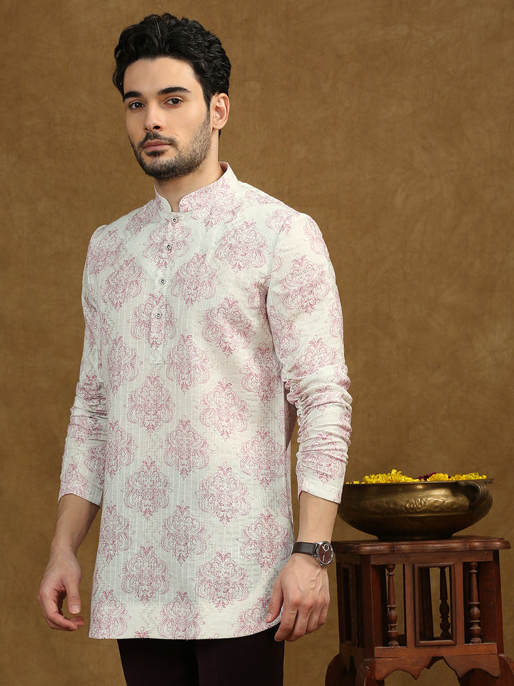 Short Kurta with Pink Motif Print, Elasticated roll up sleeves and sequins work