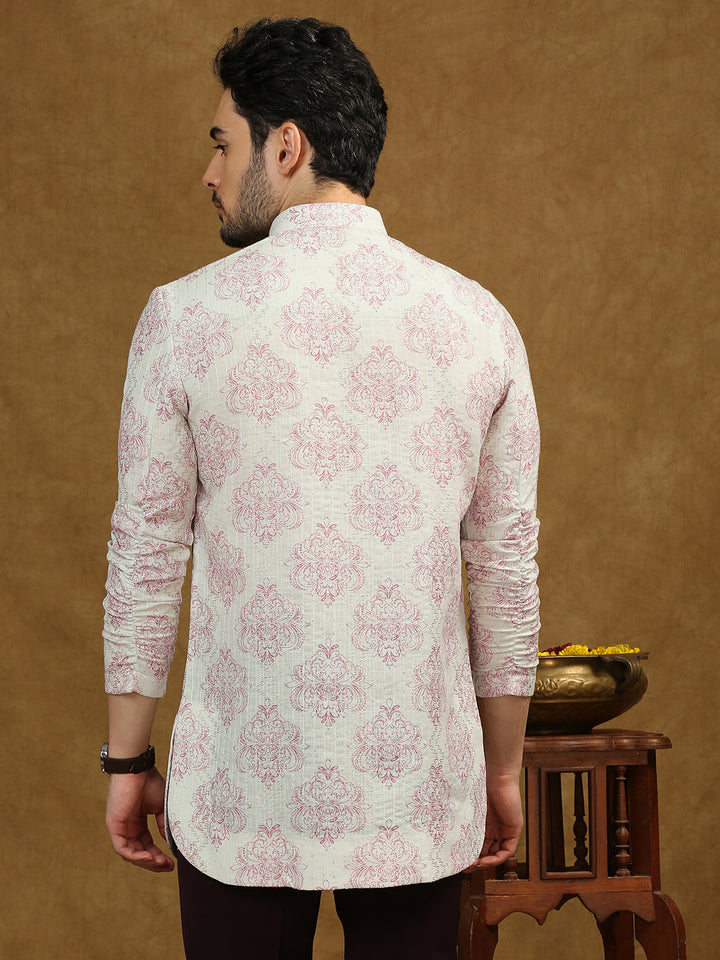 Short Kurta with Pink Motif Print, Elasticated roll up sleeves and sequins work