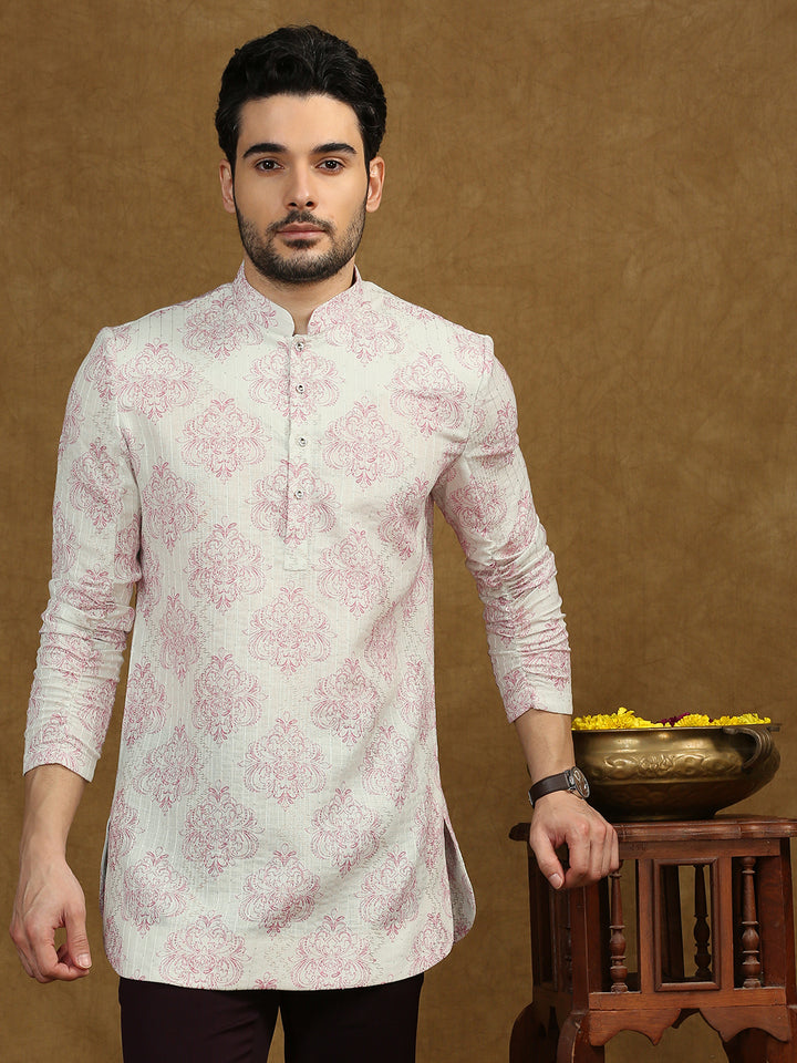 Short Kurta with Pink Motif Print, Elasticated roll up sleeves and sequins work