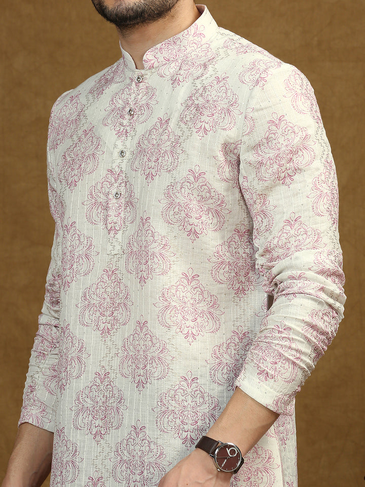 Short Kurta with Pink Motif Print, Elasticated roll up sleeves and sequins work