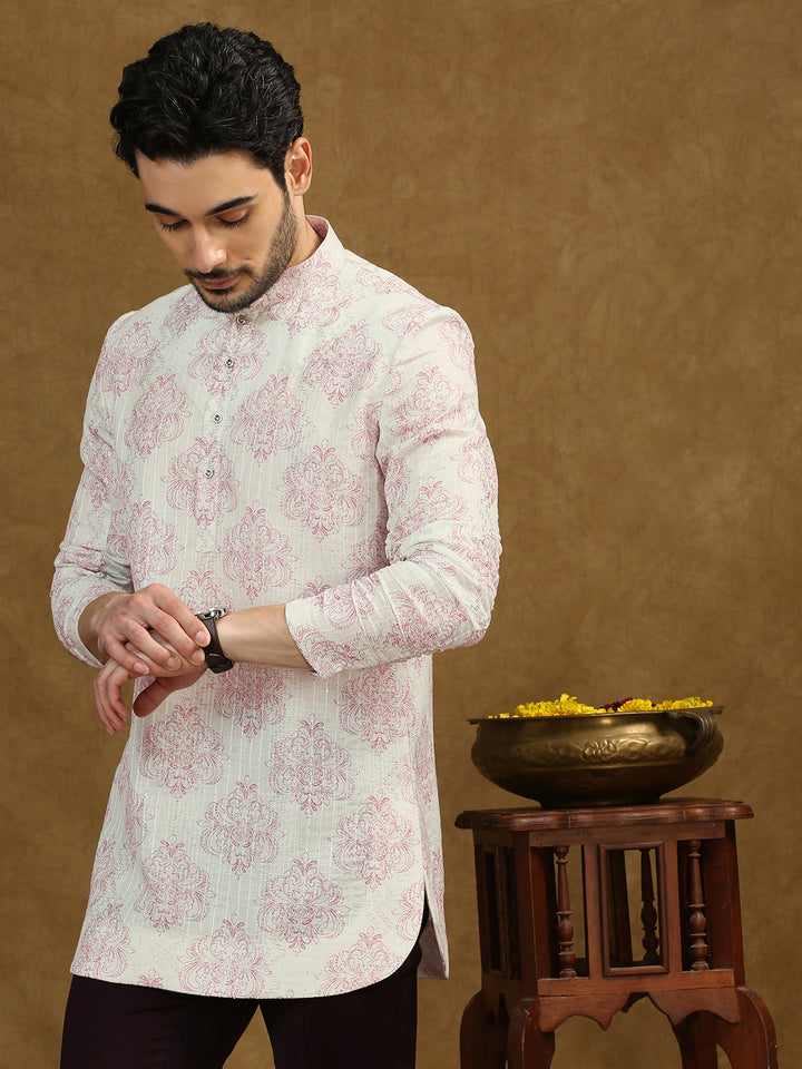 Short Kurta with Pink Motif Print, Elasticated roll up sleeves and sequins work