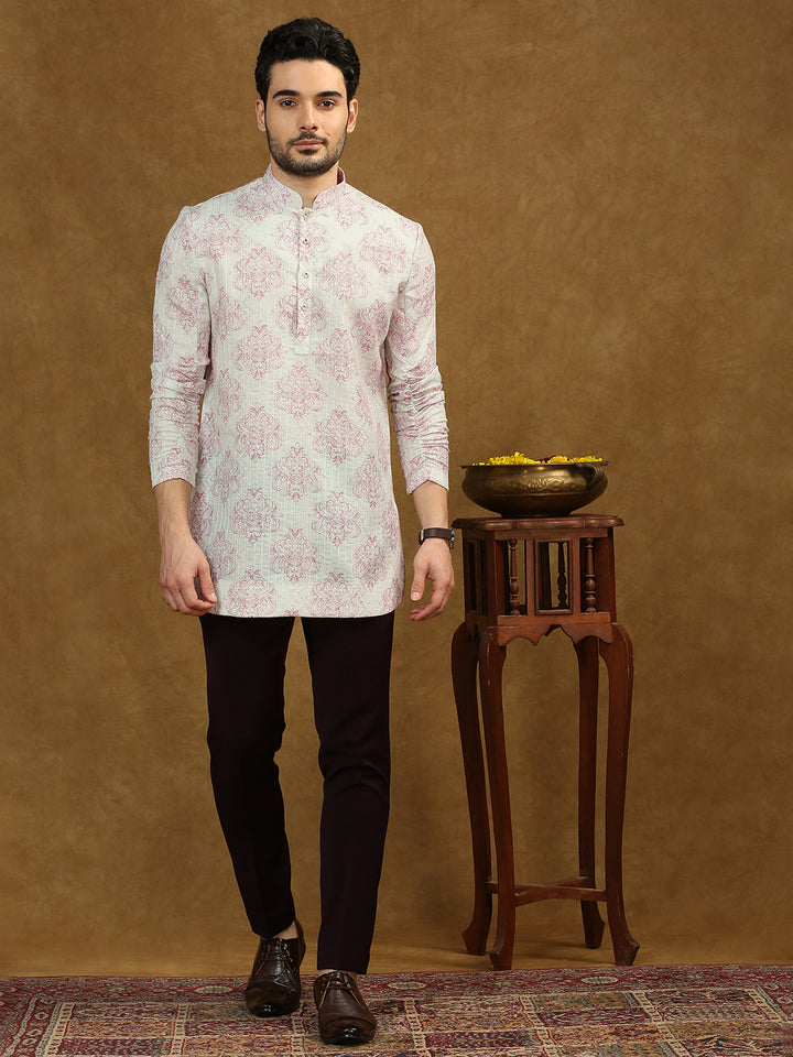 Short Kurta with Pink Motif Print, Elasticated roll up sleeves and sequins work