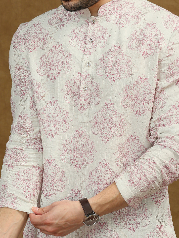 Short Kurta with Pink Motif Print, Elasticated roll up sleeves and sequins work