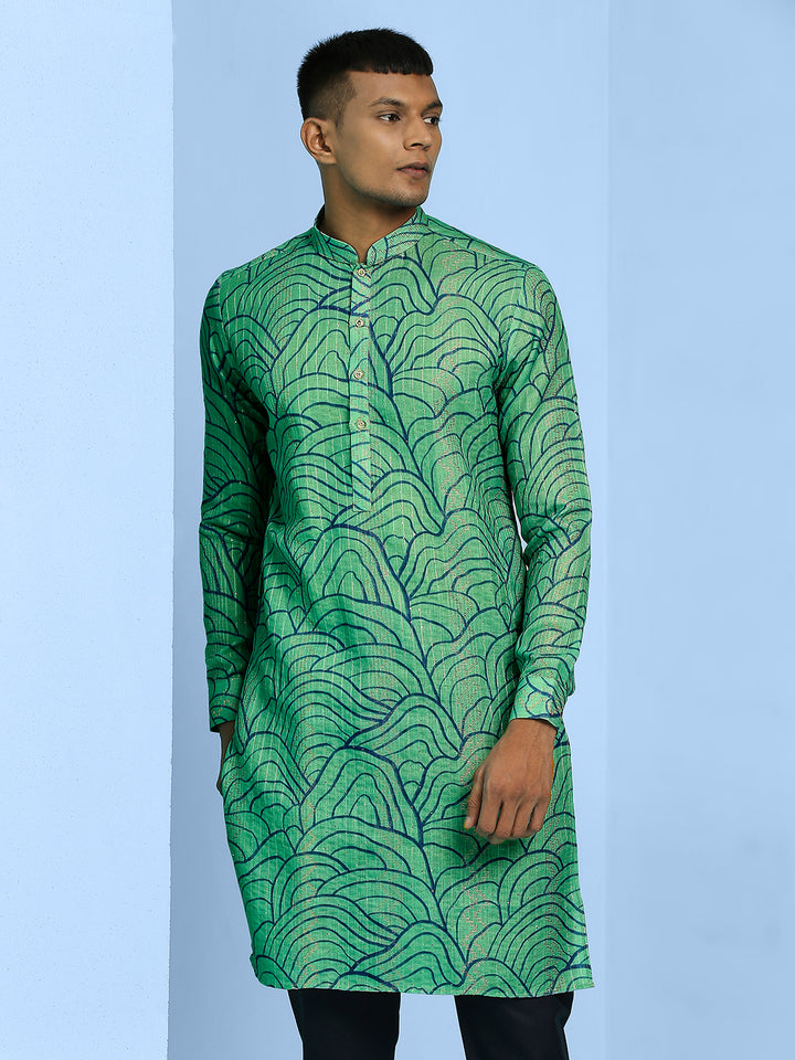 Kurta with Blue Abstract Lining Print and Sequins Work