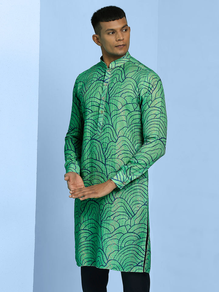 Kurta with Blue Abstract Lining Print and Sequins Work