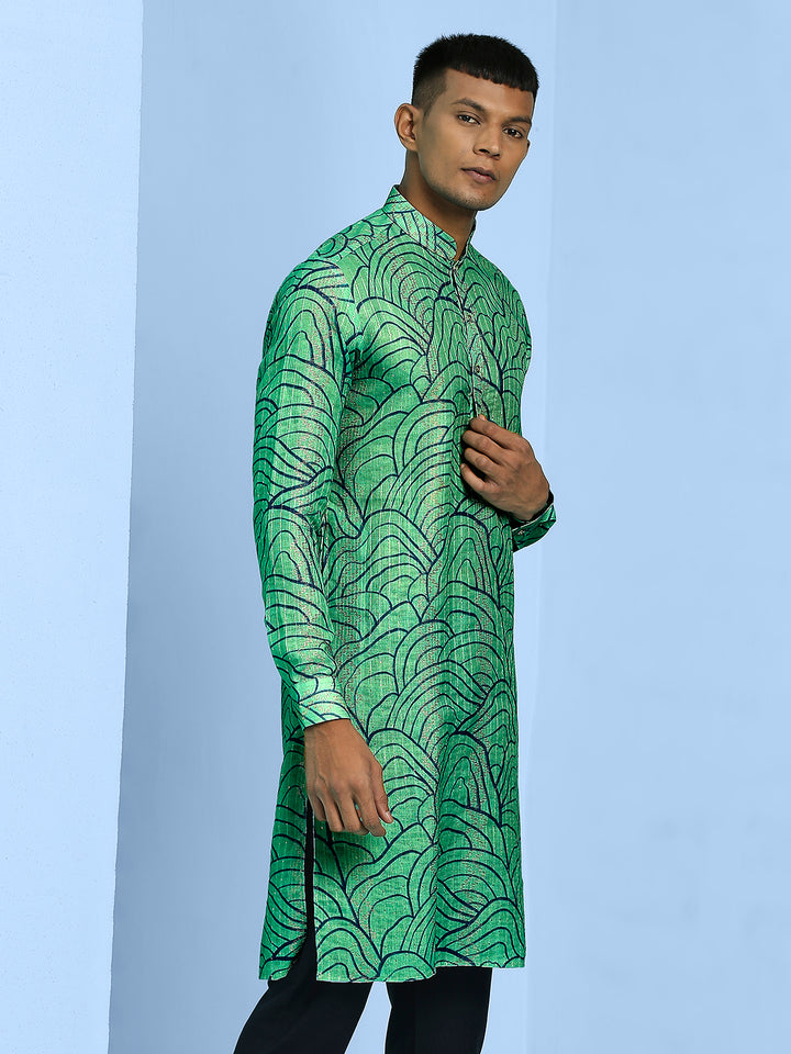 Kurta with Blue Abstract Lining Print and Sequins Work