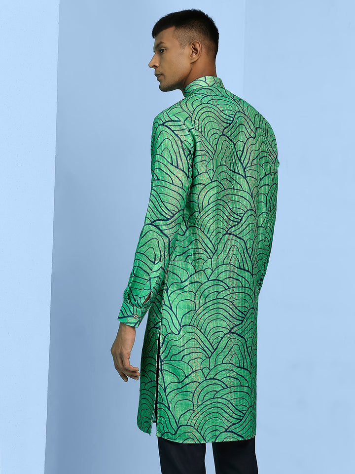 Kurta with Blue Abstract Lining Print and Sequins Work