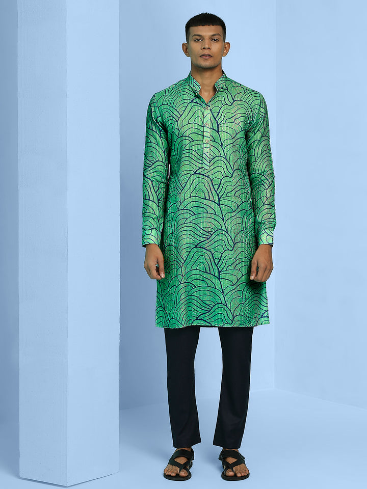 Kurta with Blue Abstract Lining Print and Sequins Work