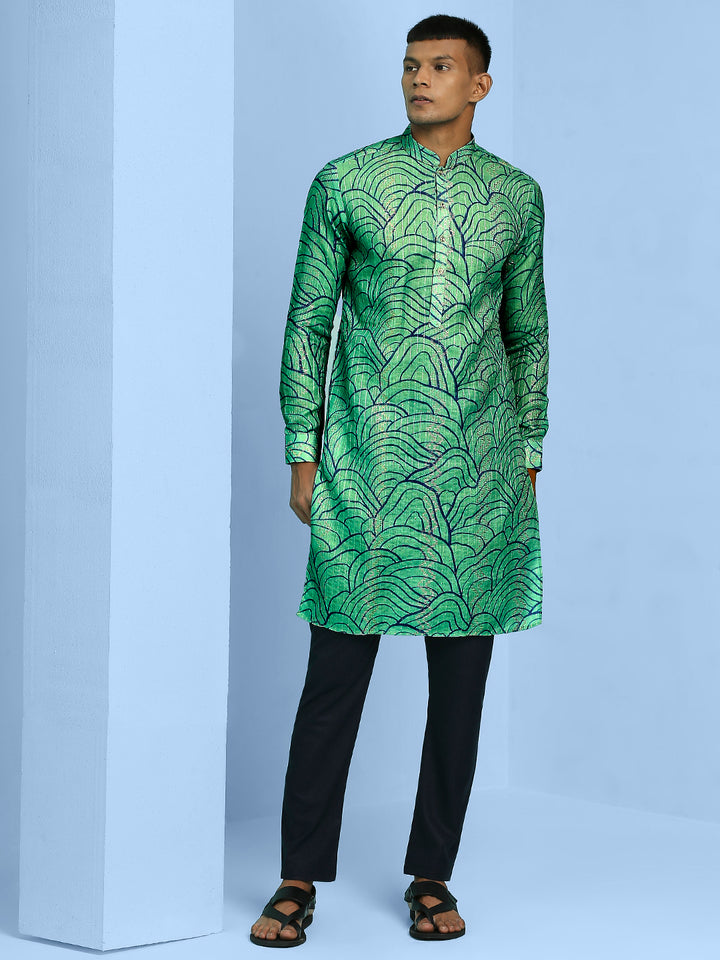 Kurta with Blue Abstract Lining Print and Sequins Work