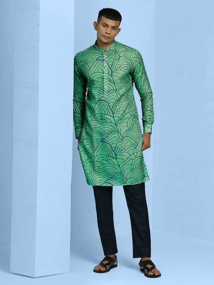 Kurta with Blue Abstract Lining Print and Sequins Work