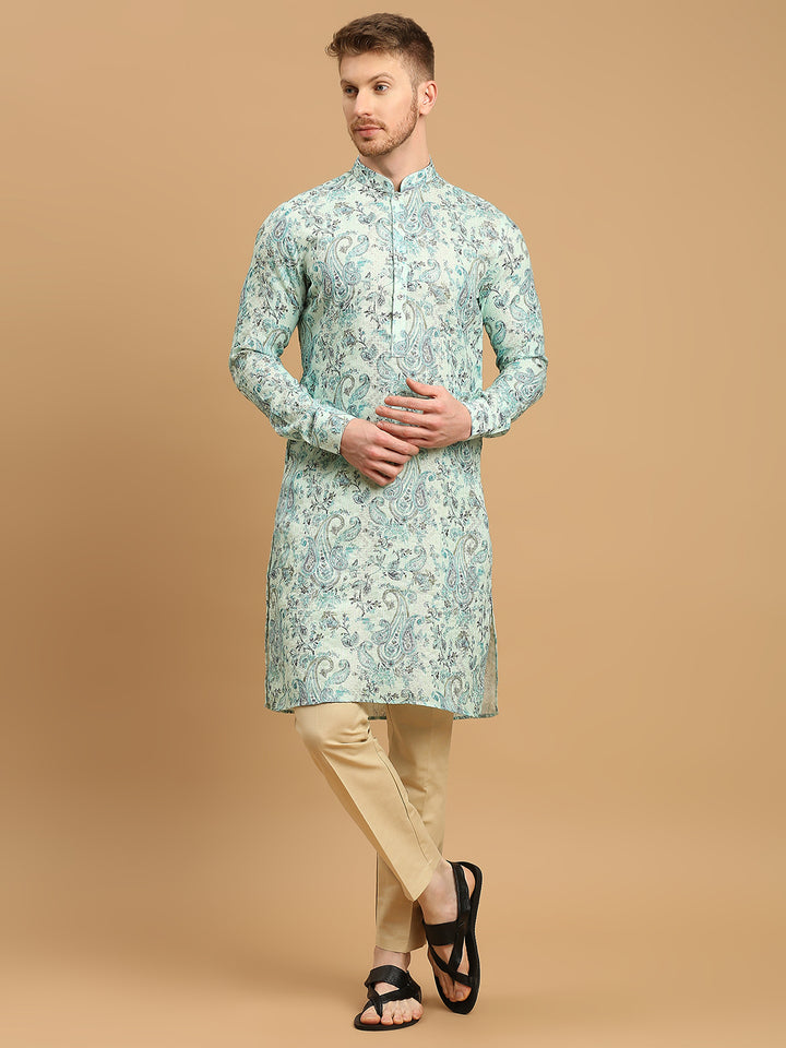 Kurta with Ethnic Motif Prints and Gold Thread Work