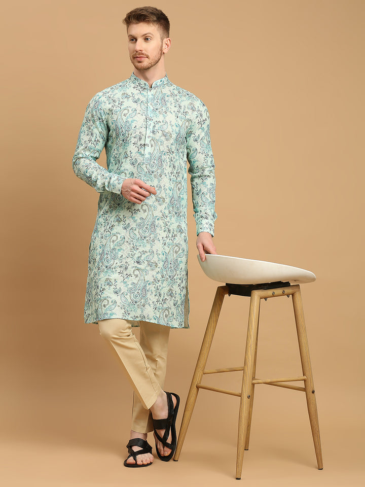 Kurta with Ethnic Motif Prints and Gold Thread Work