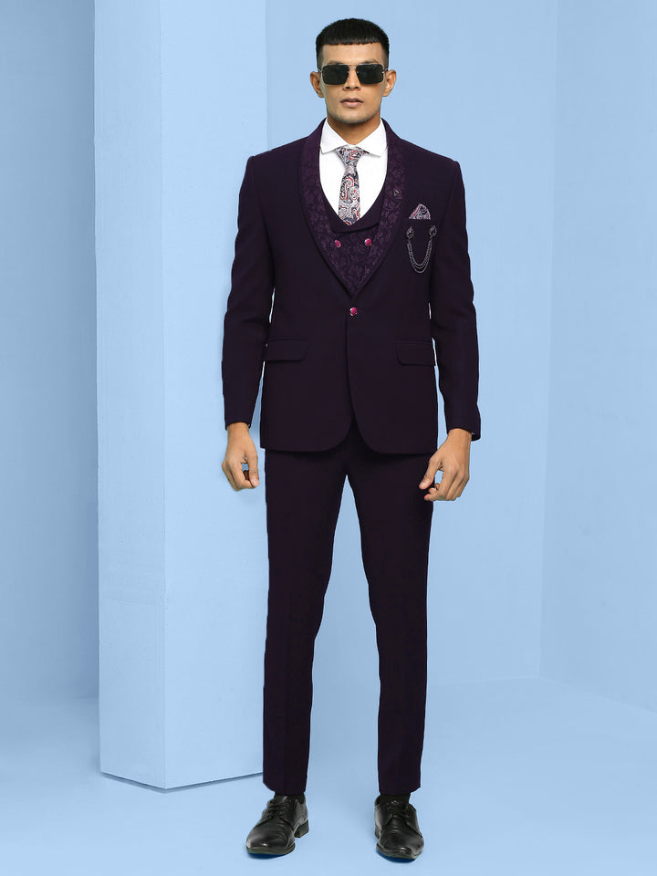 Solid Suit with Jacquard Lapel and Waistcoat