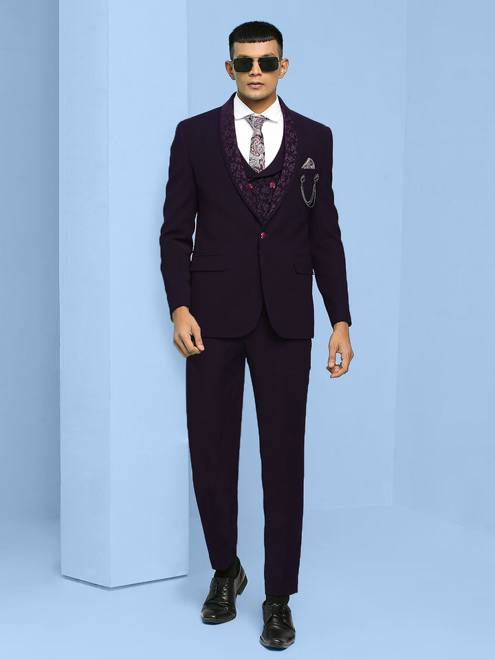 Solid Suit with Jacquard Lapel and Waistcoat