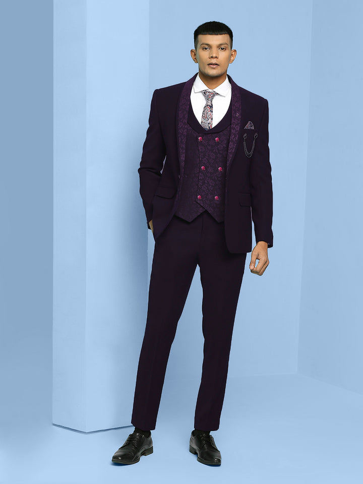 Solid Suit with Jacquard Lapel and Waistcoat