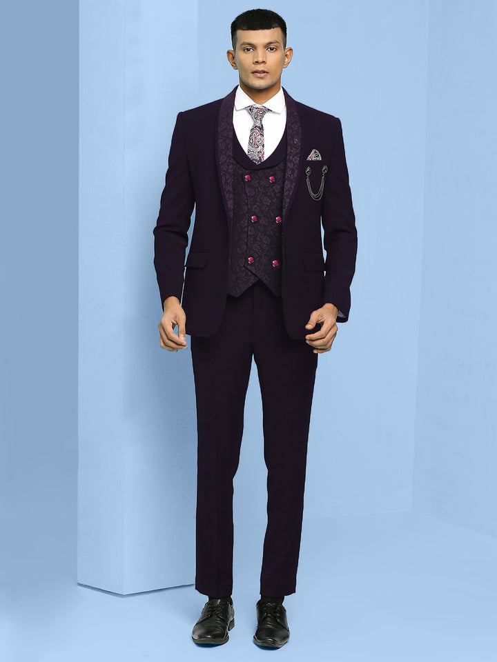 Solid Suit with Jacquard Lapel and Waistcoat