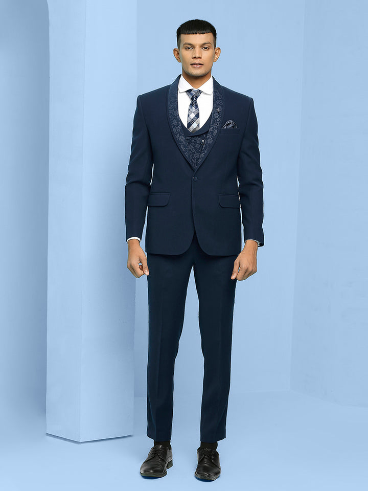 Solid Suit with Jacquard Lapel and Waistcoat