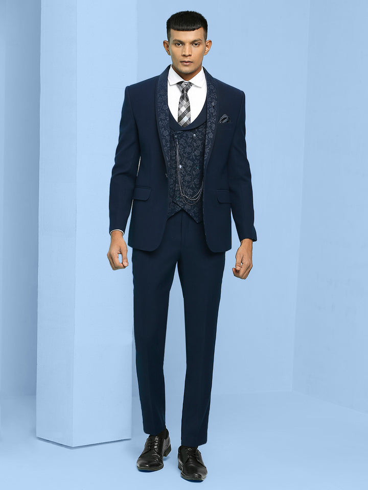 Solid Suit with Jacquard Lapel and Waistcoat