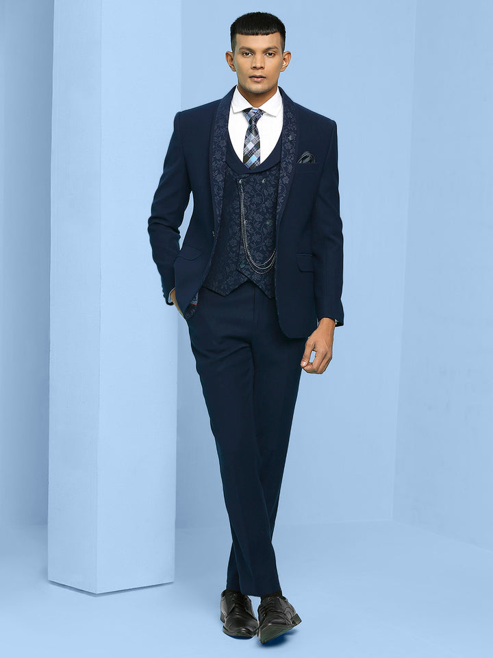 Solid Suit with Jacquard Lapel and Waistcoat