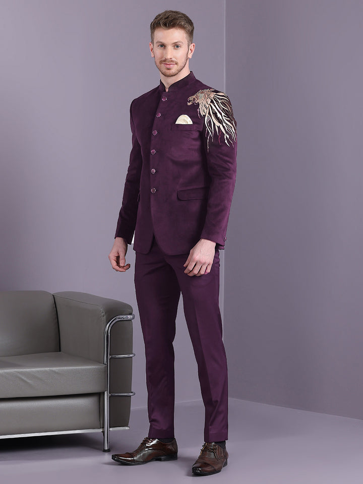 Velvet Jodhpuri Suit with Lion Figure Embroidery