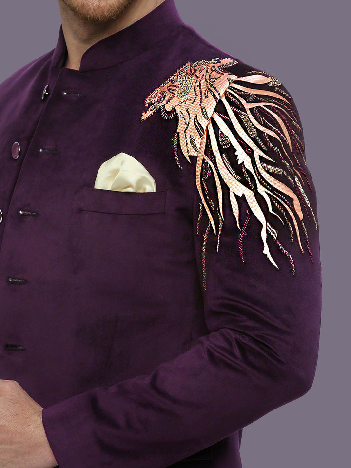 Velvet Jodhpuri Suit with Lion Figure Embroidery