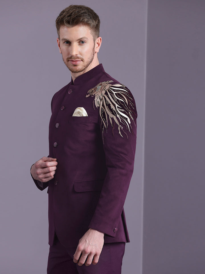 Velvet Jodhpuri Suit with Lion Figure Embroidery