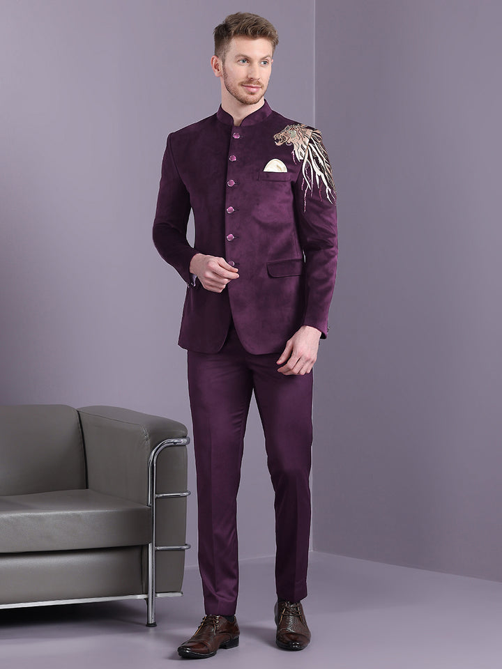 Velvet Jodhpuri Suit with Lion Figure Embroidery