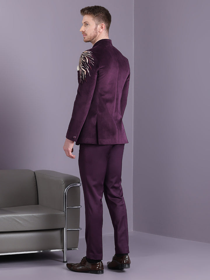 Velvet Jodhpuri Suit with Lion Figure Embroidery