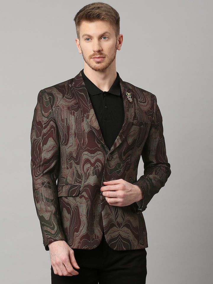 Knitted Maroon Gold Abstract Print Blazer