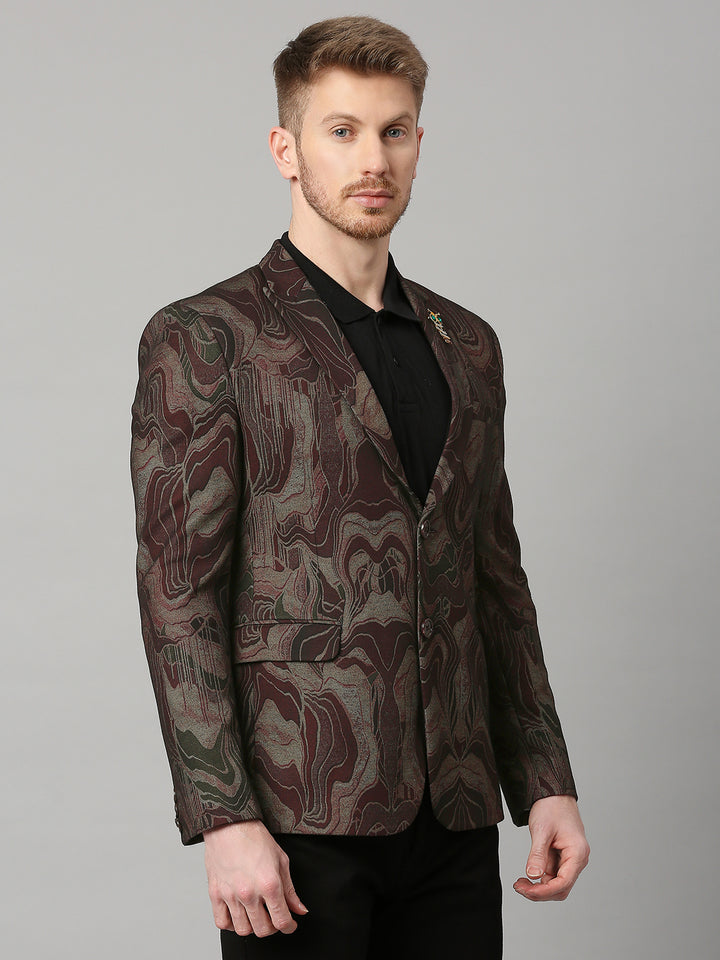 Knitted Maroon Gold Abstract Print Blazer