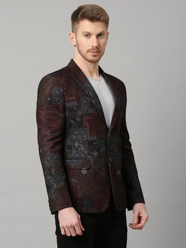 Knitted Maroon Motif Print Blazer