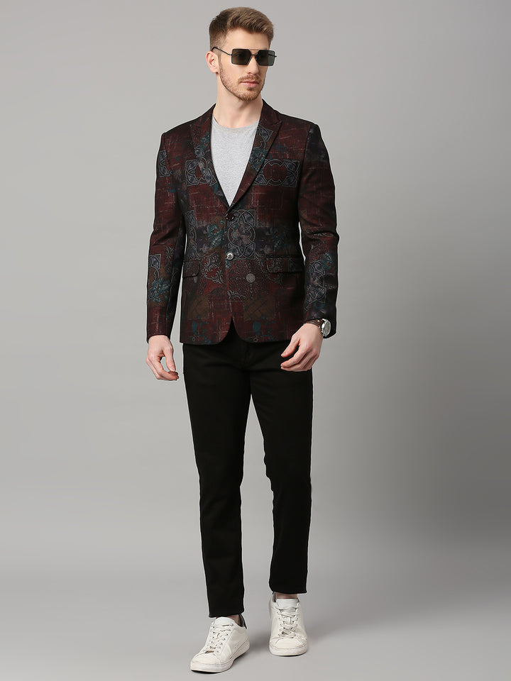 Knitted Maroon Motif Print Blazer